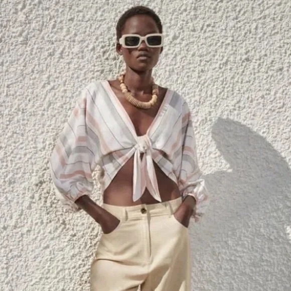 Zara Tops - Zara - Striped Colorful Linen Blend Long Sleeve Crop Tie Blouse Size Medium